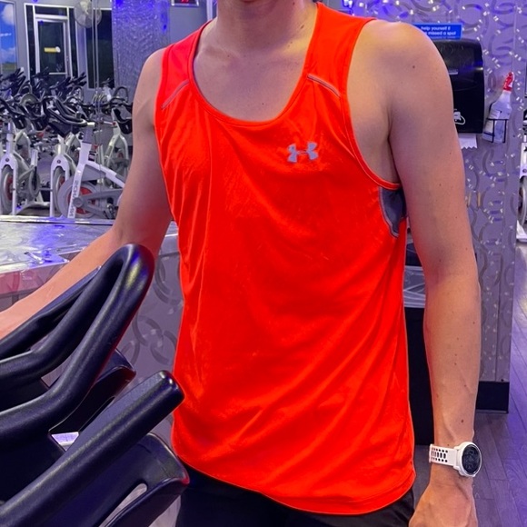 UNDER ARMOUR MEN NEON ORANGE REFLECTIVE SILVER HEATGEAR TANK TOP VEST SHIRT JOCK - Picture 15 of 15